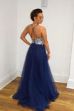 A Line Navy Blue Tulle Prom Dresses Spaghetti Straps Long Prom Gown HZ0527