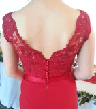 Promfast Red Button Backless Plus Size Mermaid Cap Sleeves V-neck Long Lace Bridesmaid Dresses HZ0527