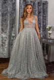 Stunning A-line V neck Sparkly Tulle Evening Dress Silver Prom Dress HZ0527