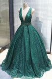 A-line V neck Dark Green Sequined Long Prom Dresses Sparkly Evening Party Dresses HZ0527