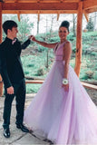 A-line V Neck Sexy Long Lilac Prom Dresses Tulle Formal Dress HZ0527