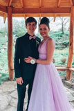 A-line V Neck Sexy Long Lilac Prom Dresses Tulle Formal Dress HZ0527