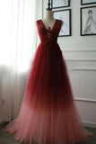 A-line Appliques Burgundy Tulle Long Prom Dresses Formal Evening Dress HZ0527