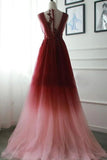 A-line Appliques Burgundy Tulle Long Prom Dresses Formal Evening Dress HZ0527