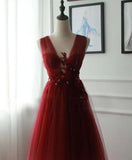 A-line Appliques Burgundy Tulle Long Prom Dresses Formal Evening Dress HZ0527