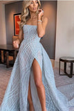 A-line Strapless Sky Blue Long Prom Dresses Unique Long Evening Dress HZ0527