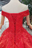 Red Quinceanera Dresses Off The Shoulder Lace Up Back Appliques Beads HZ0527