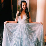 A-line V neck Silver Long Prom Dresses Shiny Evening Party Dresses HZ0527