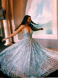 A-line V neck Silver Long Prom Dresses Shiny Evening Party Dresses HZ0527