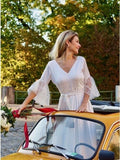 A-Line V-Neck V Back 3/4 Sleeves Satin Boho Wedding Dress with Lace HZ0527