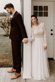 A-Line Round Neck Long Sleeves Backless Boho Wedding Dress with Lace HZ0527