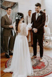 A-Line Round Neck Long Sleeves Backless Boho Wedding Dress with Lace HZ0527