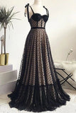 Vintage Spaghetti Straps Black A Line Long Prom Dress Formal Evening Dresses HZ0527