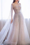 A-line Round Beaded Long Prom Dresses Charming Formal Gowns HZ0527