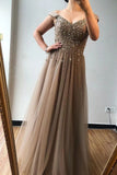 A-line Off-the-shoulder Beaded Long Prom Dresses Brown Evening Gowns HZ0527