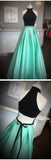 High Neck Two Piece Black And Mint Green Beads Long Prom Dress HZ0527