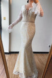 Trumpet/Mermaid V neck Lace Beaded Long Sleeves Prom Dresses Formal Elegant Evening Gowns HZ0527