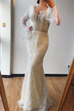 Trumpet/Mermaid V neck Lace Beaded Long Sleeves Prom Dresses Formal Elegant Evening Gowns HZ0527