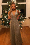 Popular V-Neck Long Silver Prom Dress with Beading Sequin Evening Dress HZ0527