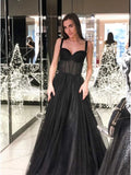 A-Line Spaghetti Straps Long Prom Dress Sleeveless Black Evening Dress HZ0527