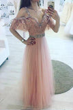 A-Line V-Neck Off Shoulder Pink Tulle Long Prom Dress with Beading HZ0527