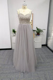Silver Spaghetti Straps Beaded Bodice Tulle A Line Prom Dresses HZ0527