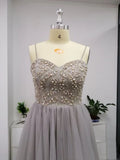 Silver Spaghetti Straps Beaded Bodice Tulle A Line Prom Dresses HZ0527