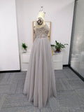 Silver Spaghetti Straps Beaded Bodice Tulle A Line Prom Dresses HZ0527