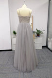 Silver Spaghetti Straps Beaded Bodice Tulle A Line Prom Dresses HZ0527