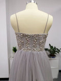 Silver Spaghetti Straps Beaded Bodice Tulle A Line Prom Dresses HZ0527