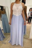 Halter Neckline Lilac Chiffon Lace Appliques Long Prom Dresses HZ0527