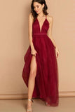A Line V Neck Spaghetti Straps Long Chiffon Burgundy Prom Dress HZ0527