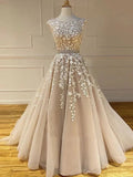 A-line Scoop Lace Appliques Long Prom Dresses Cheap Evening Dress HZ0527
