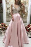 Promfast Sparkly Satin Pink Beaded Long Prom Dress with Open Back HZ0527
