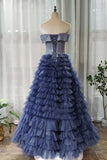 A-line Off-the-shoulder Royal Blue Long Prom Dresses Tulle Evening Dress HZ0527