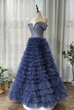 A-line Off-the-shoulder Royal Blue Long Prom Dresses Tulle Evening Dress HZ0527