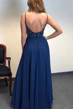 A-line Spaghetti Straps Dark Blue Chiffon Long Prom Dresses Beaded Evening Dress HZ0527