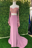 Promfast Chic Sheath Spaghetti Straps Pink Long Sleeves Prom Dresses Evening Dress HZ0527