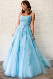 Promfast New Arrival A-line Spaghetti Straps Lace Appliques Long Blue Prom Dresses HZ0527