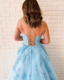 Promfast New Arrival A-line Spaghetti Straps Lace Appliques Long Blue Prom Dresses HZ0527
