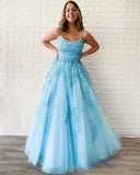 Promfast New Arrival A-line Spaghetti Straps Lace Appliques Long Blue Prom Dresses HZ0527