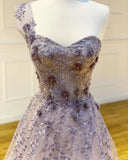Promfast A-line One Shoulder Appliques Long Prom Dresses With Flowers Evening Dress HZ0527