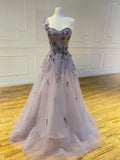 Promfast A-line One Shoulder Appliques Long Prom Dresses With Flowers Evening Dress HZ0527
