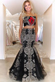 Promfast Two Pieces Trumpet/Mermaid Spaghetti Straps Black Lace Appliques Long Prom Dresses HZ0527