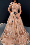 A-line Off The Shoulder Lace Appliques Unique Long Prom Dresses HZ0527