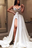 Promfast A-line Straps White Long Prom Dress With Slit Cheap Evening Dress HZ0527