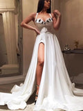 Promfast A-line Straps White Long Prom Dress With Slit Cheap Evening Dress HZ0527