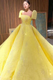 Promfast Ball Gown Sparkly Yellow Short Sleeves Prom Dresses Evening Dress HZ0527