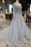 Long Sleeves V Neck Tulle A Line Sequins Prom Dresses HZ0527