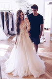 A-Line Long Sleeves Tulle Prom Dress with Appliques, Wedding Dresses HZ0527
